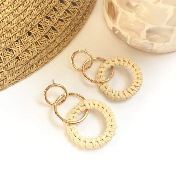 Rattan Woven Gold Hoop Tiered Earrings - Picture 2 of 4